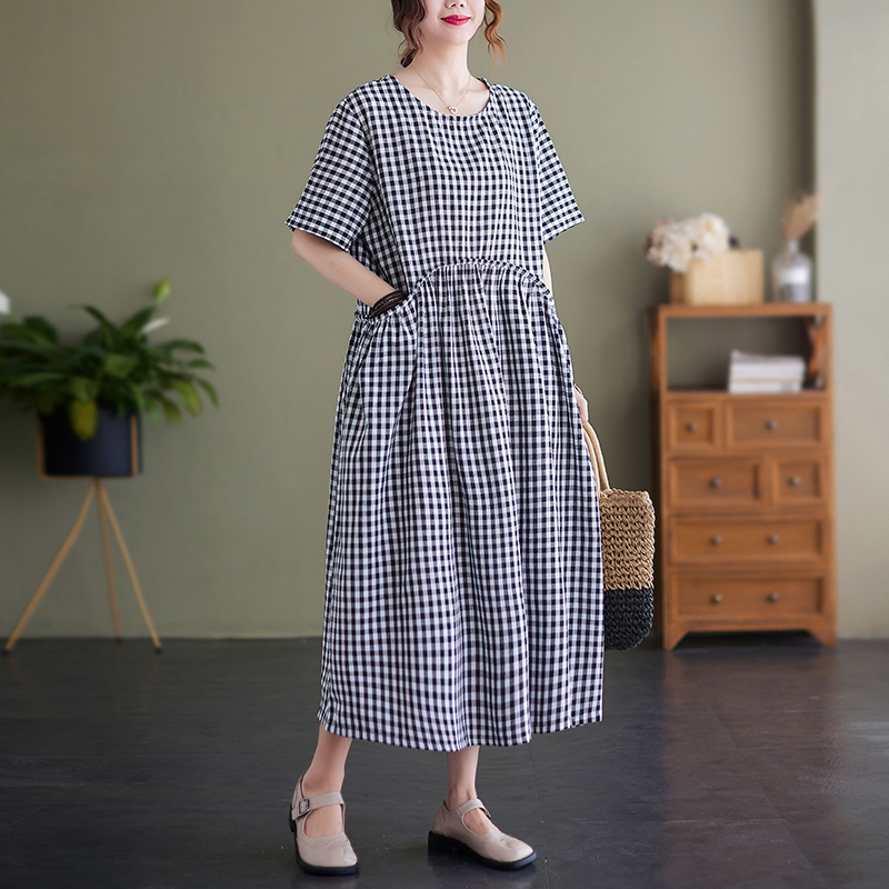 2022 New Arrival Japanese Style Short Sleeve Fashion Plaid Summer Dress Office Lady Work Dress Cotton Women Casual Midi Dress alx