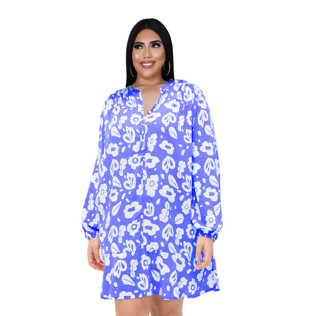 4XL 5XL O-neck Plus Size Straight Dress Full Sleeve Loose Knee Skirt Floral Printed Clothing for Women Birthday Holiday Wear alx