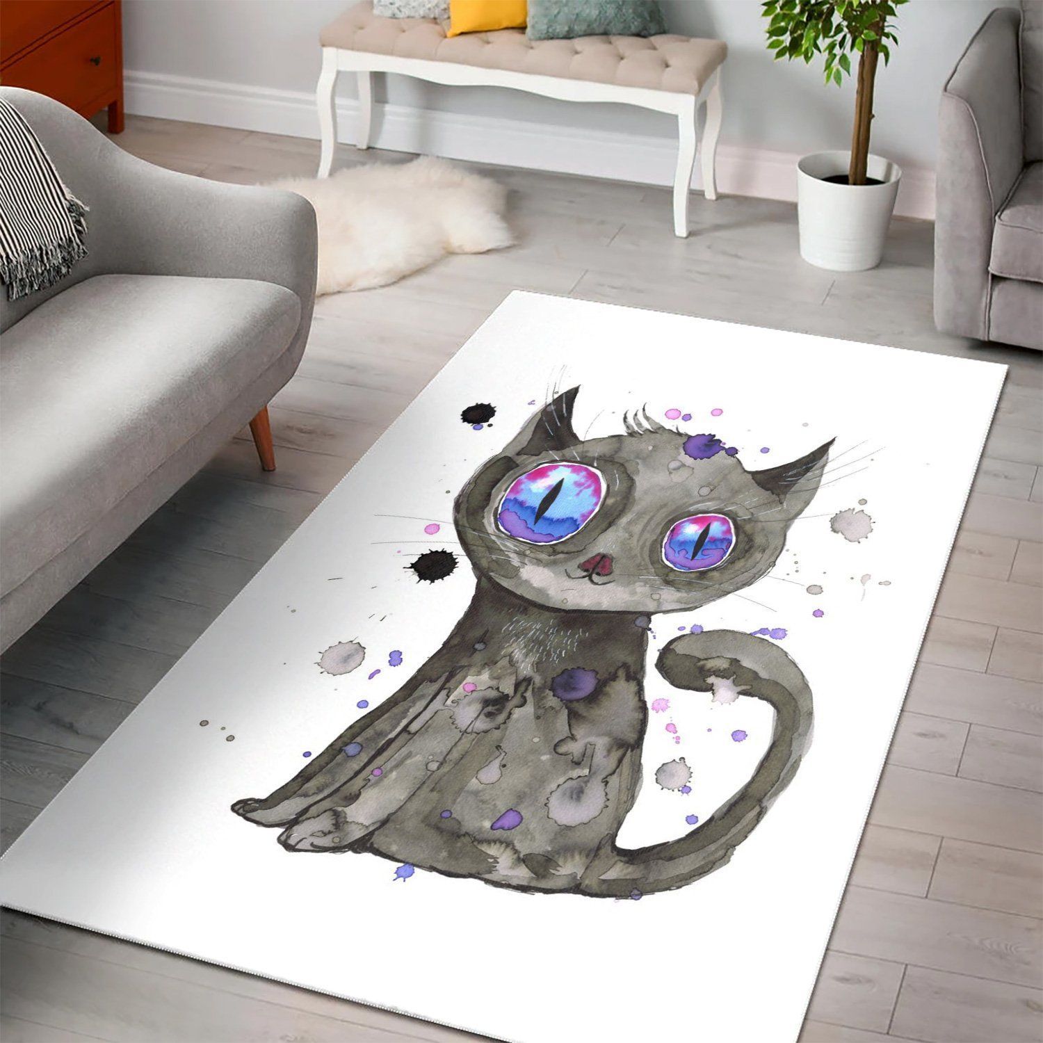 Black Cute Kitten  Living Room Area Rug,  Room Rugs, Floor Decor Home Decor