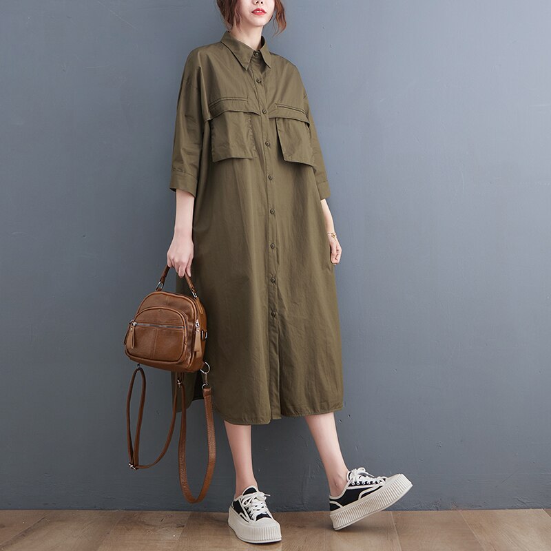 2022 New Arrival Korea Safari Style Street Wear Fashion Chic Girls Spring Summer Blouse Dress Women Casual Midi Dress alx