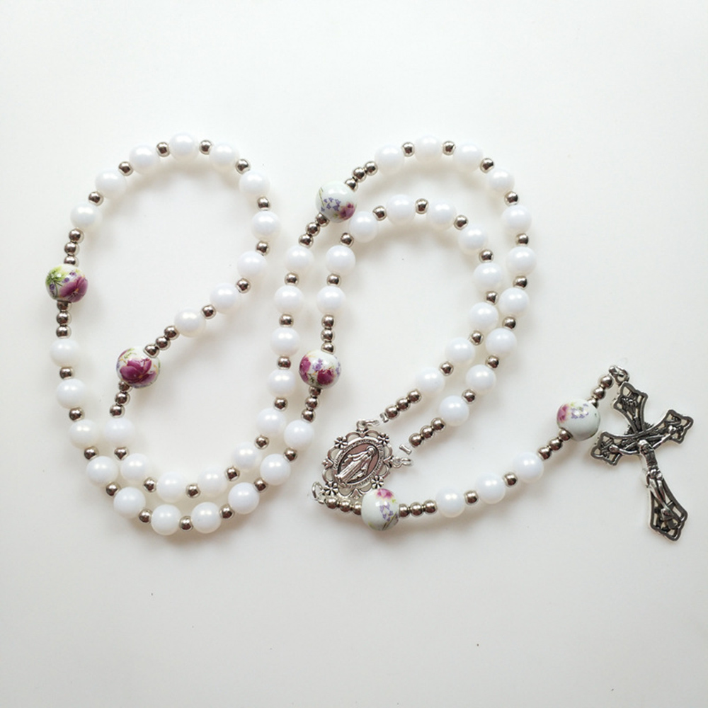 Cottvott White Ceramic Imitation Pearl Beads Chain Pray Chaplet Catholic Crucifix Cross Rosary Necklace Miraculous Medal Jewelry alx