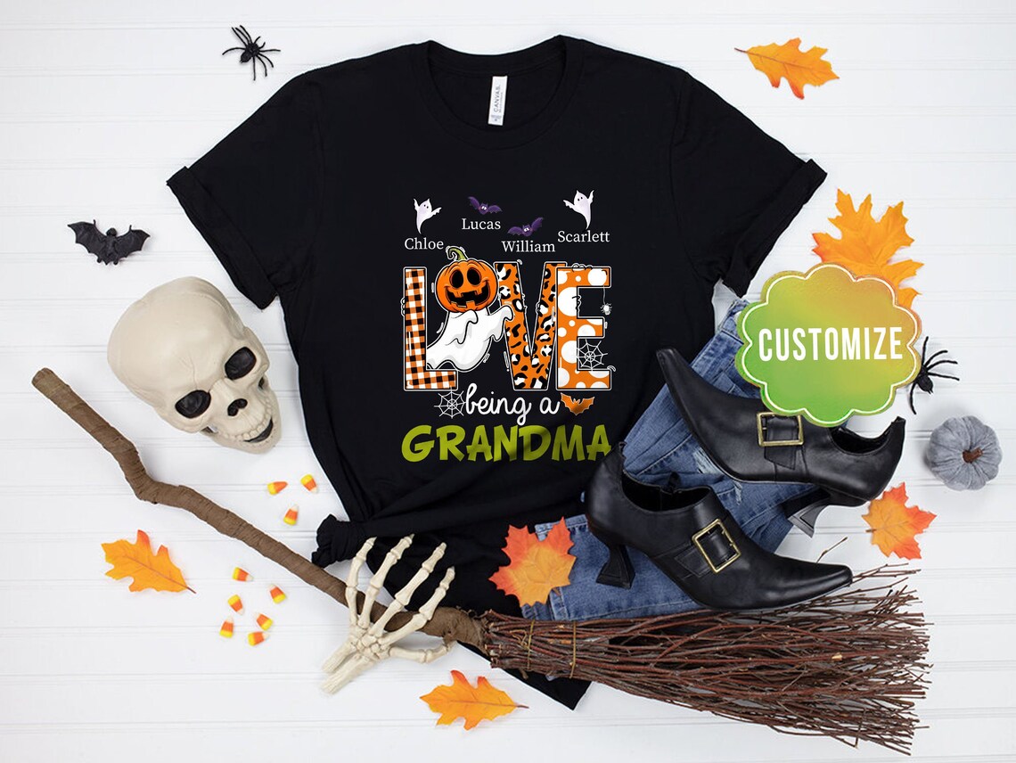 Personalized T-Shirt Love Being A Grandma Pumpkin Ghost Plaid Leopard Design Custom Grandkids Name Halloween Shirt