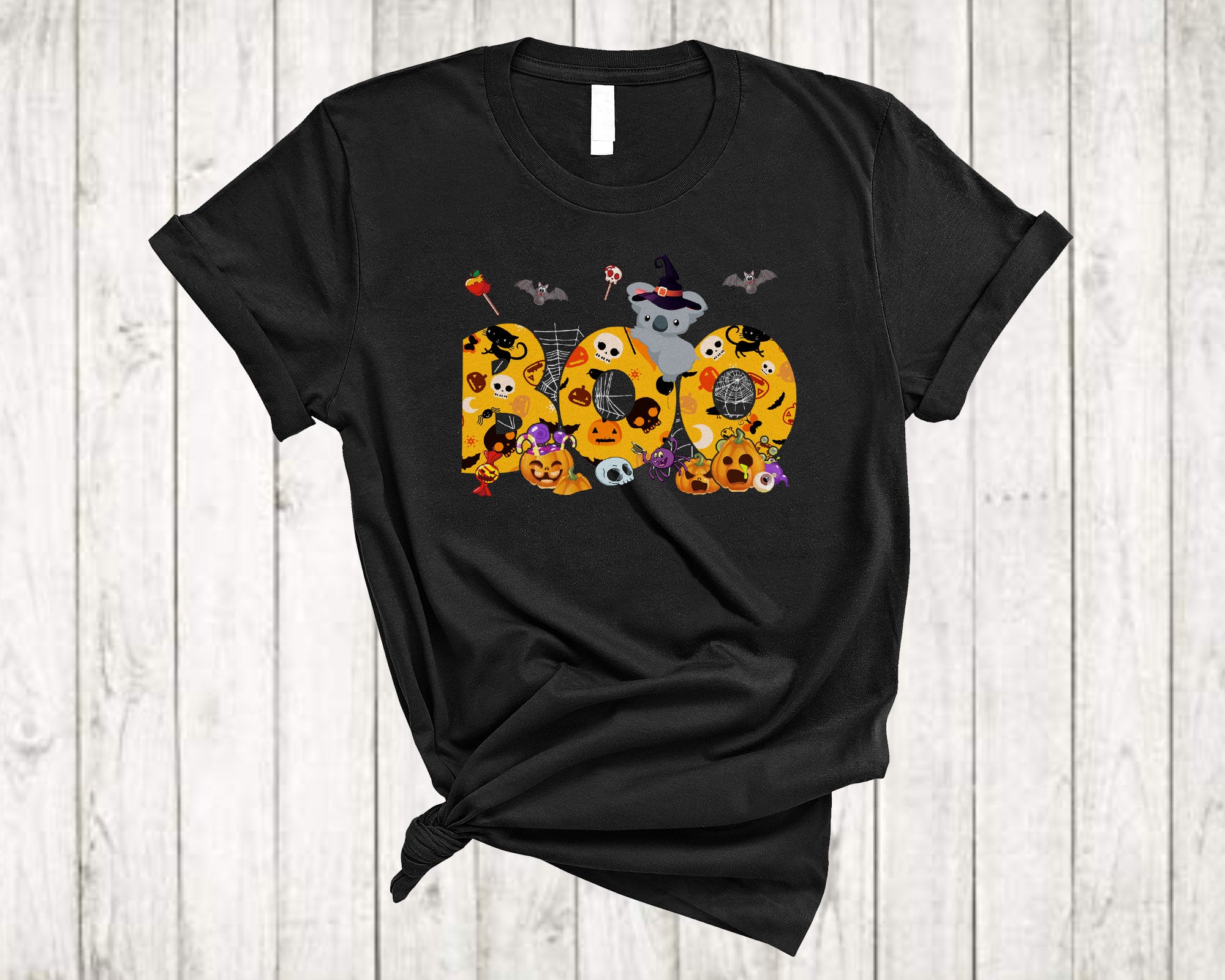 Boo Cute Halloween Costume Boo Ghost Witch Hanging Koala Bear Pumpkin Candy Lover T-Shirt