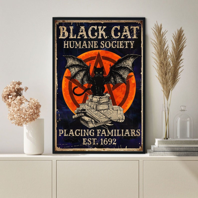 Black Cat Humane Society Placing Familiars Canvas, Halloween Home Decor, Black Cat Halloween Decor, Black Cat Canvas, Black Cat Decor