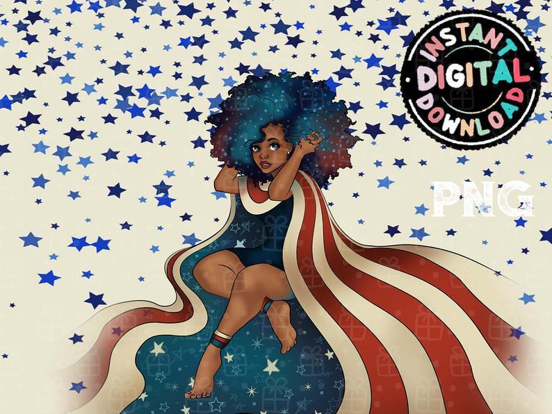 African American Girl Art All Over Print, American Png, Black Women , American Flag