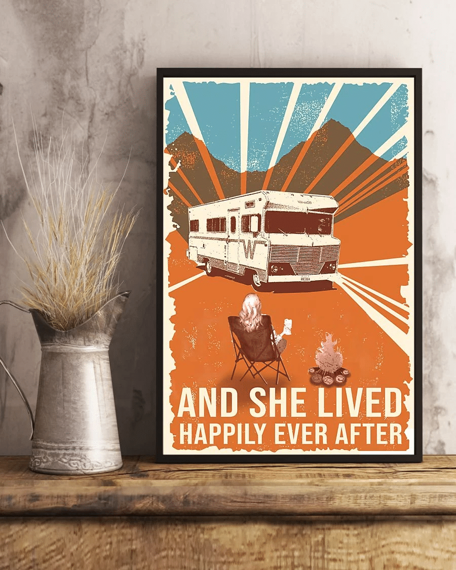 Camping Rv Car Poster Canvas – And She Lived Happily Ever After Vintage Home Decor Wall Art Evg80276