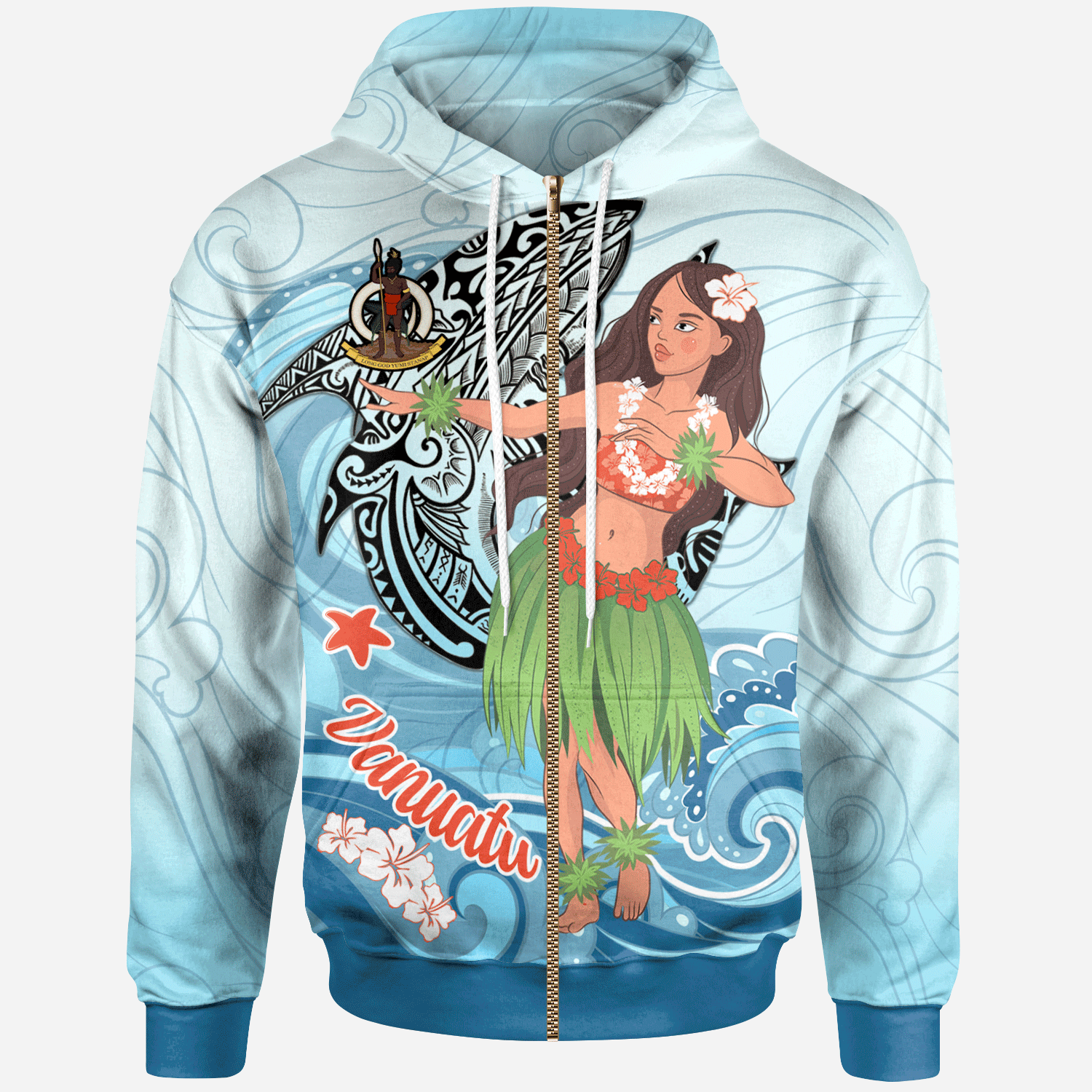 Vanuatu Zip Hoodie – Polynesian Girls With Shark – Pacific Print Hoodie