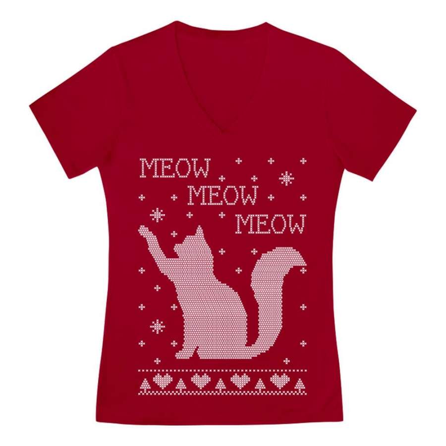 Xmas Apparel – Ugly Christmas Sweater Cat Meow Purr V-Neck Fitted Women T-Shirt