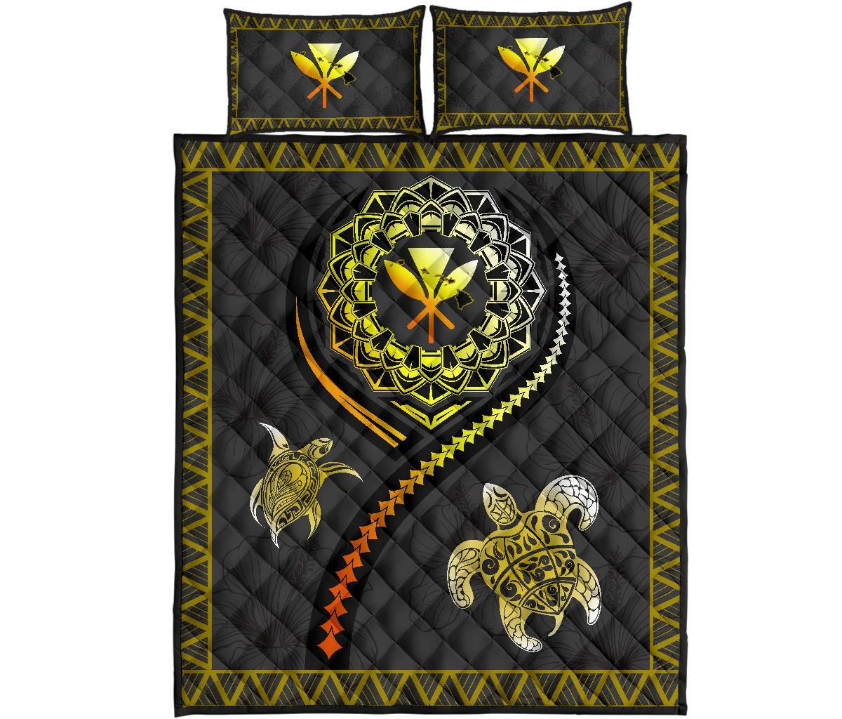 Alohawaii Home Set – Quilt Bed Set Hawaii Map Polynesian Turtle Hibiscus Gold Ah J2