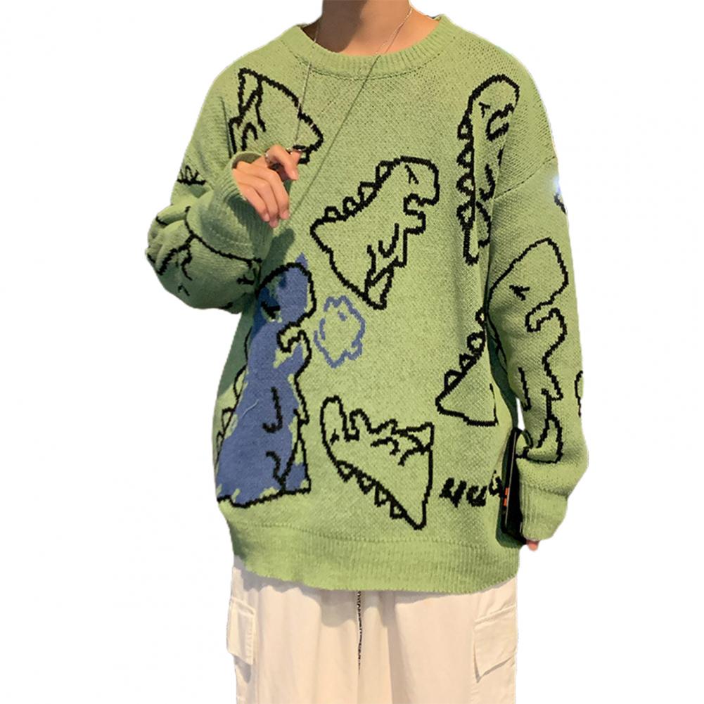 Cartoon Dinosaur Print Autumn Sweater Elastic Round Neck Long Sleeves Couple Sweater Anti-shrink Pullover Warm Knitting Sweater alx