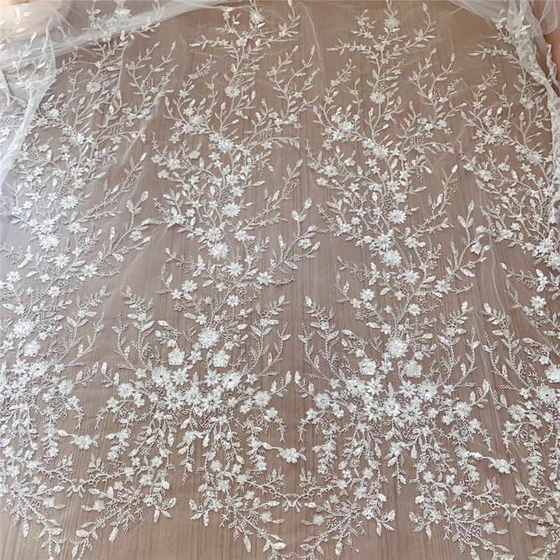 2020 New Exquisit Bead Off white Good quality French Afrian Tulle Wedding dress lace fabric 1 yard alx