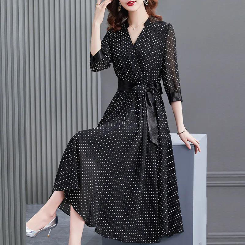 Black Vintage Dot Print Lace Up V Neck 3/4 Sleeve Chiffon Party Midi Dresses Women Summer Elegant Casual 4XL A-Line Dress Ladies alx