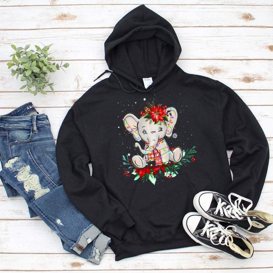 Elephant christmas poinsettia flower light snowflakes winter season black hoodie for men and women S-5XL