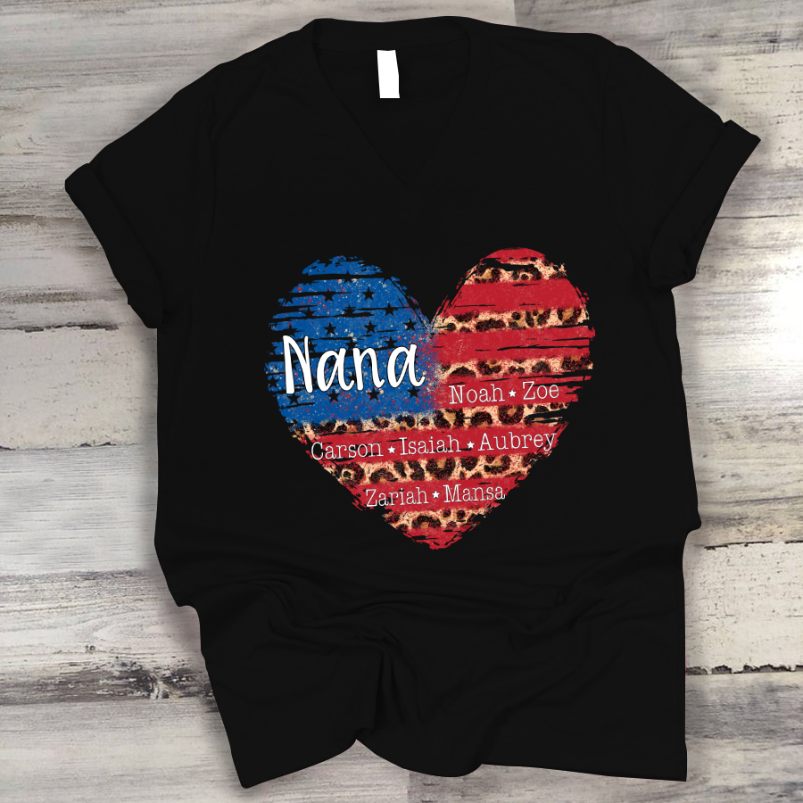 Personalized Nana Heart American Flag V-Neck