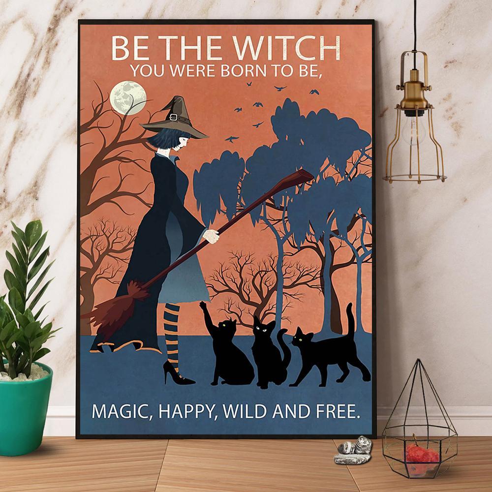 Vintage Witch & Black Cat Magic Happy Wild And Free Halloween Gift Paper Poster No Frame  Matte Canvas Wall Decor