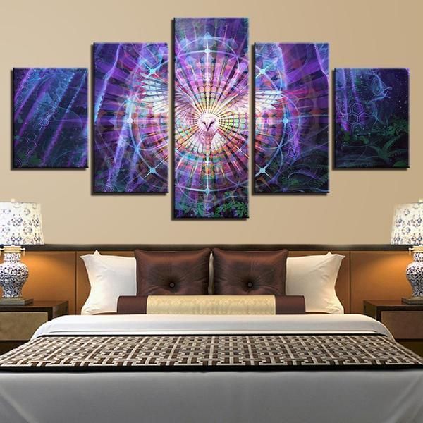 Psychedelic Kaleidoscope Owl Bird Animal 5 Panel Canvas Art Wall Decor