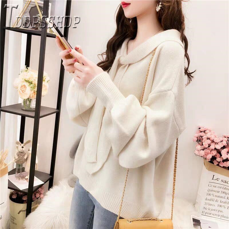 2019 Korean Loose Knitting Women Sweater Scarf Collar Fairy Pullover Female Sweaters alx