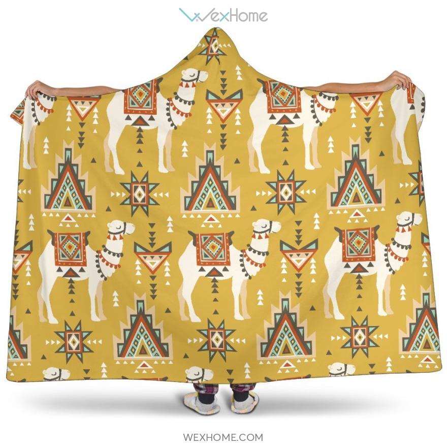 Camels Ethnic Motif Pattern Hooded Blanket