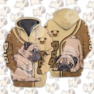 Love Pug Cute Puppy Trending For Dog Lovers 3D Full Print Zipper Hoodie