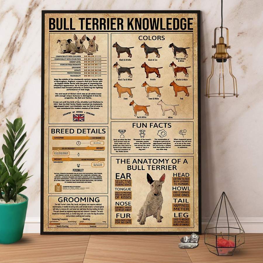 Bull Terrier Knowledge Paper Poster No Frame/ Wrapped Canvas Wall Decor Full Size