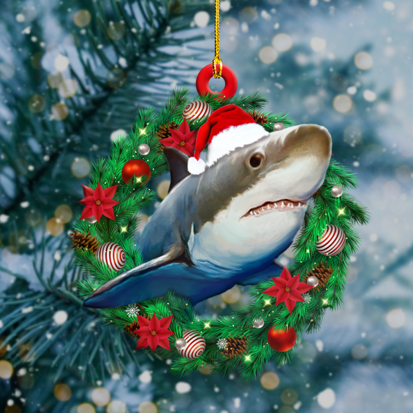 Shark Wearing Santa Hat In Wreath Christmas Wooden Ornament