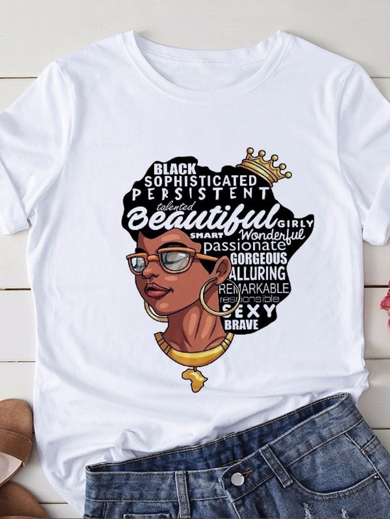 Letters Black Queen Print Short-sleeved T-shirt Woman