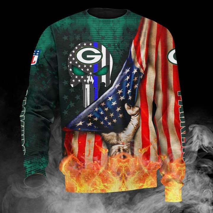 Green Bay Packers American Flag Skull Gift For Fan Ugly Wool Sweater Christmas V2