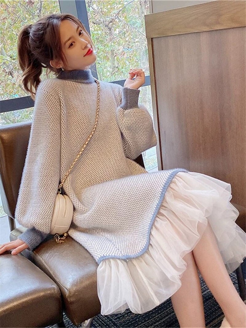 Vintage Plaid Knitted Sweater Dress For Fall And Winter Long Korean Women Gauze Stitching Hem Mink Velvet Warm Pullover M1157 alx