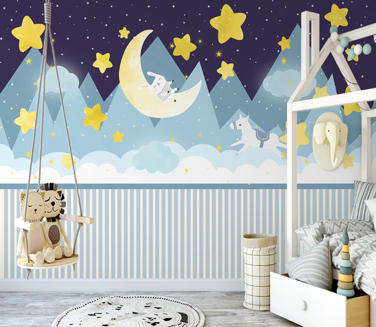 3D Moon Star Mountain Rabbit Horse Wall Mural Wallpaper Sf206