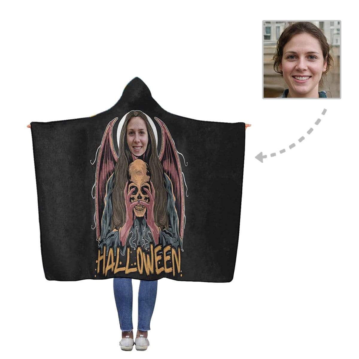 Custom Face Skull Halloween Flannel Hooded Blanket