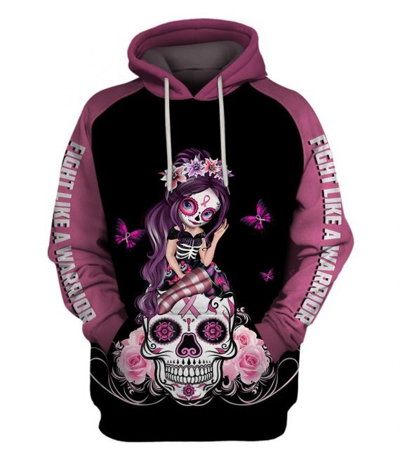 Skull Gift Pink Ribbon Fight Like A Warrior™ Breast Cancer Awareness Sugar Skull Girl Unisex Zipup/ Pullover Hoodie T-Shirt Sweatshirt