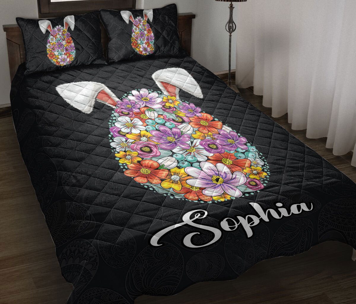 Personalized Rabbit Quilt Set, Floral Sugar Egg Rabbit Spring Quilt Blanket With Pillowcases, Custom Name Quilt Bedding Set