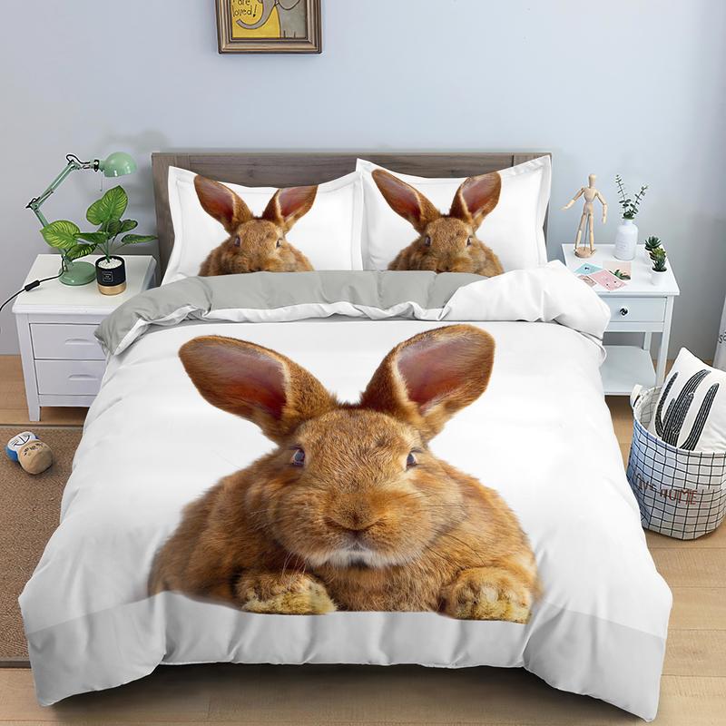 3D Cute Rabbit Kids White Bedding Set Duvet Cover Sets With Pillowcase Us/Au/Eu/Uk Single/Twin/Queen/King Size