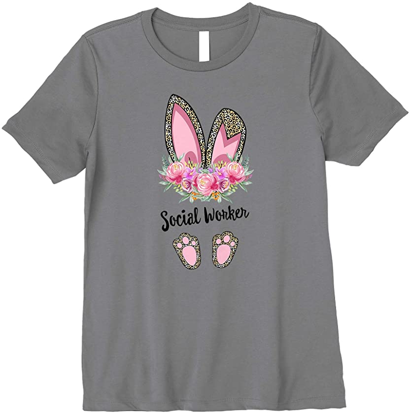 Womens Social Worker Bunny Leopard, Floral Easter & Mother’s Day Premium T-Shirt