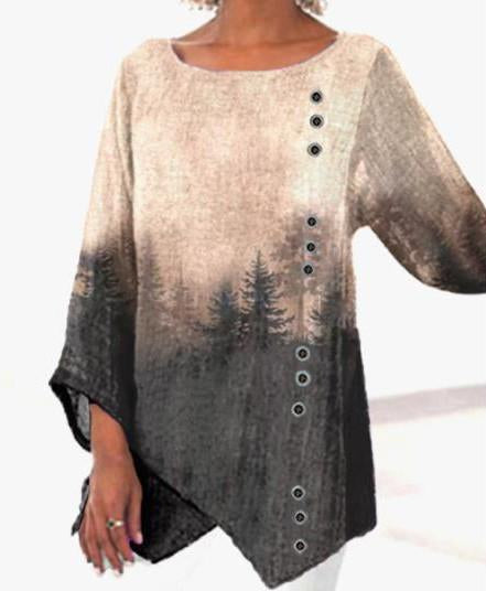 Women’S Casual Loose Cotton Linen Pullover Print Round Neck Long Sleeve Top