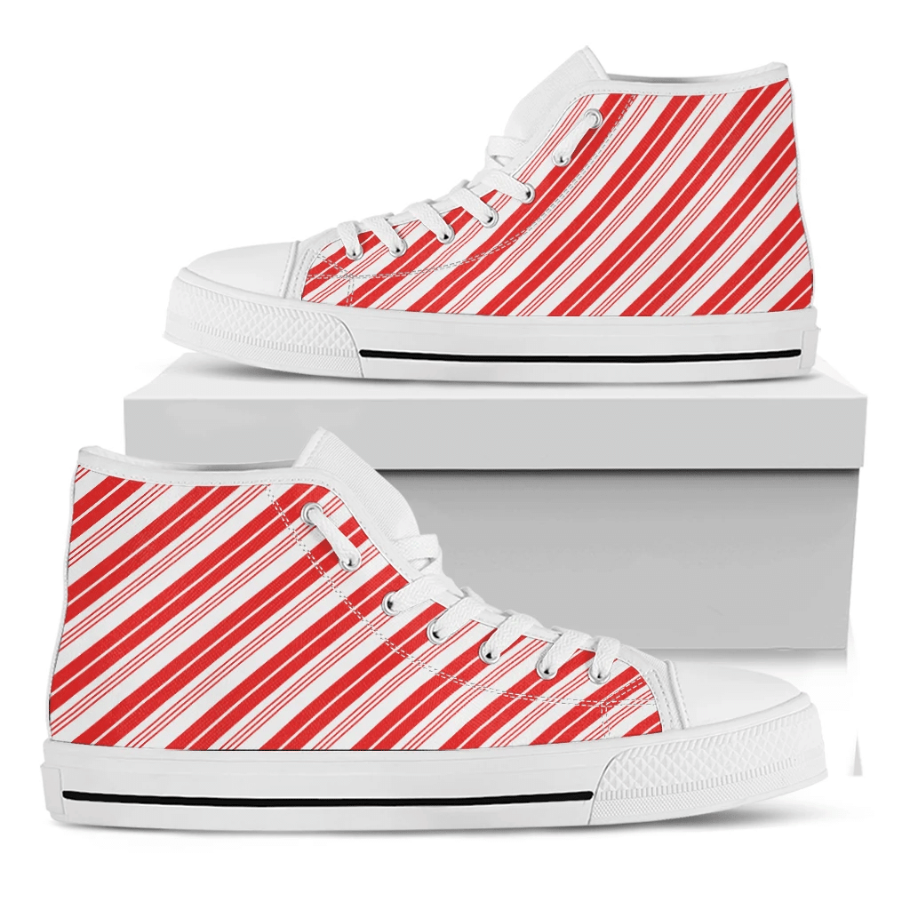 Red And White Candy Cane Stripe Print White High Top Shoes For Men And Women