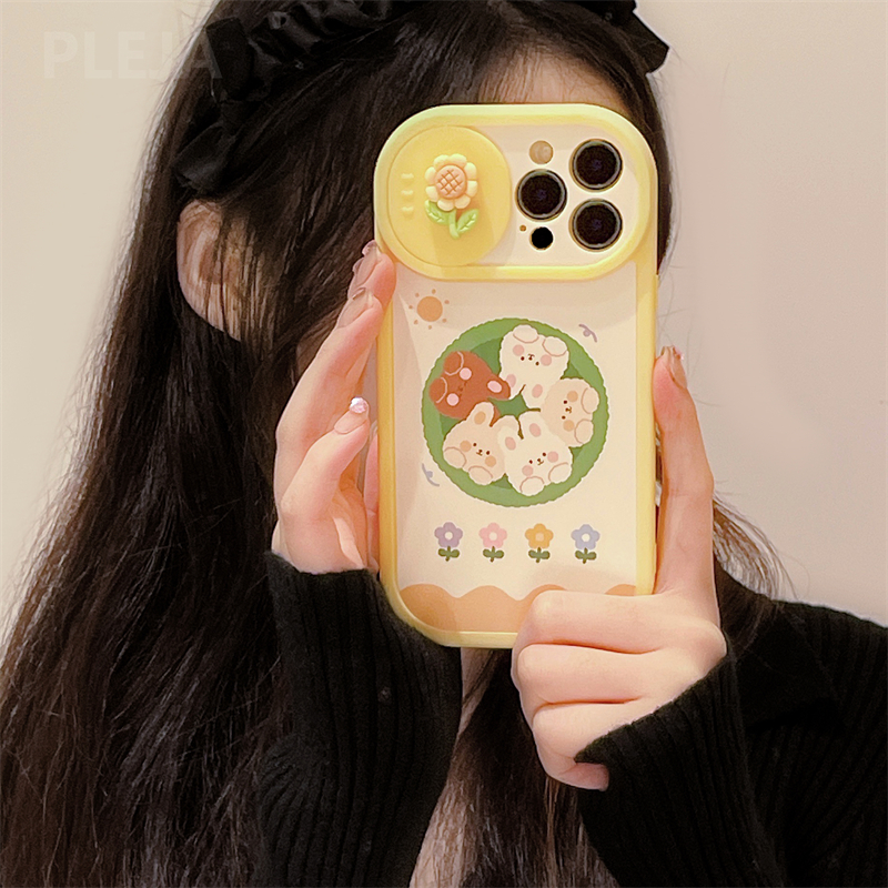 Cute Cartoon 3D Rabbit Flower Push Lens Protector Phone Case For iPhone 14 13 12 11 Pro Max XS Max X XR Soft Silicone Back Cover alx