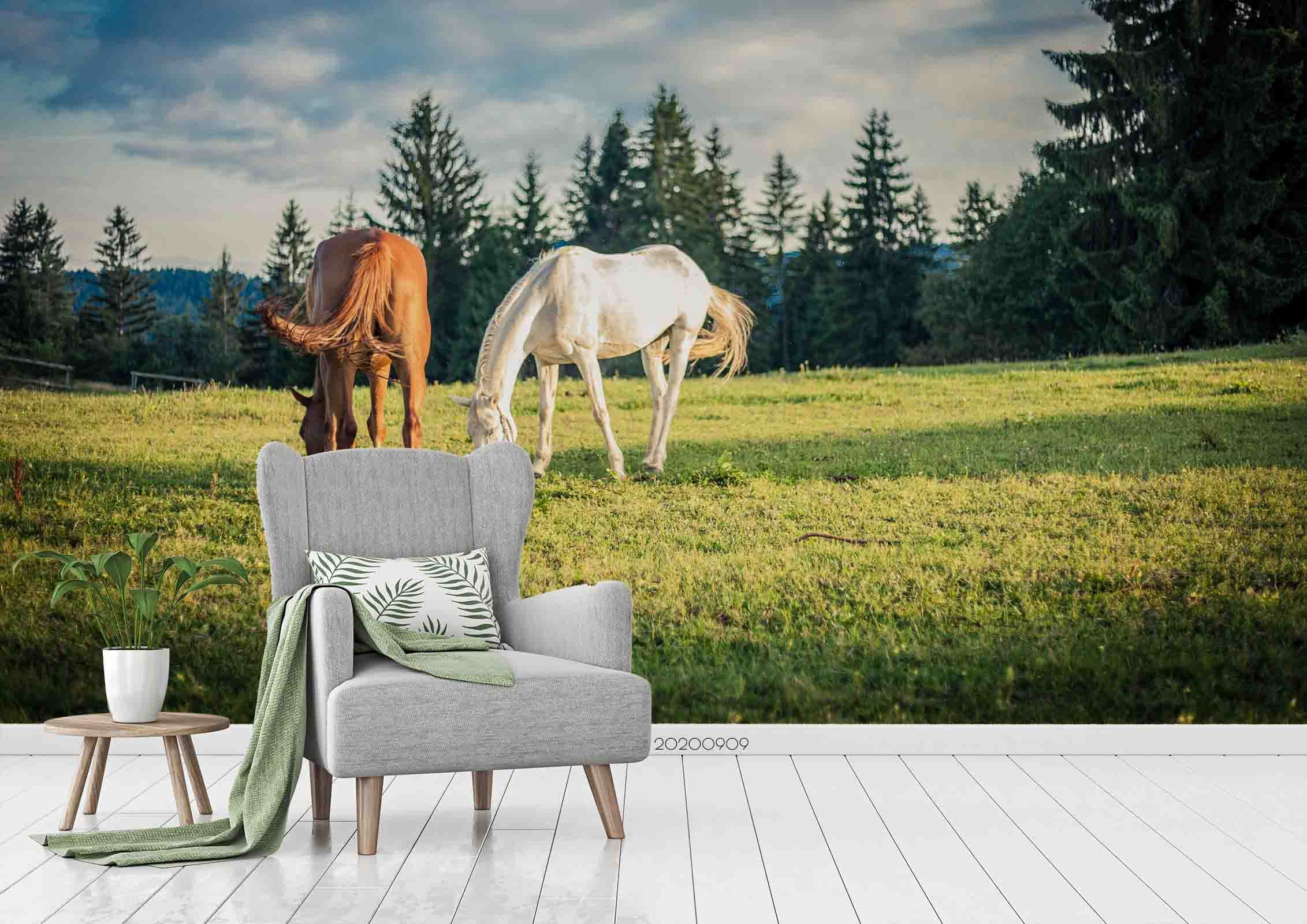 3D Green Forest Tree Grassland Horse Animal Wall Mural Wallpaper Lxl