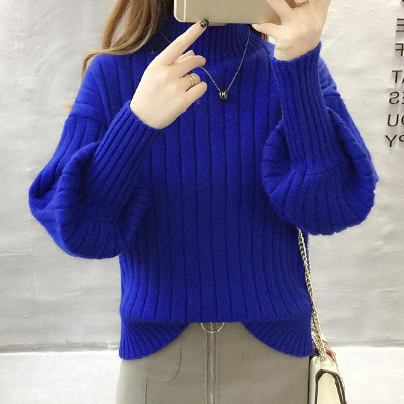 2022 New Fashion Women Sweater Half High Neck Pullover Pure Color Loose Lantern Sleeve Knitted Sweaters Soft Jumper Pull alx