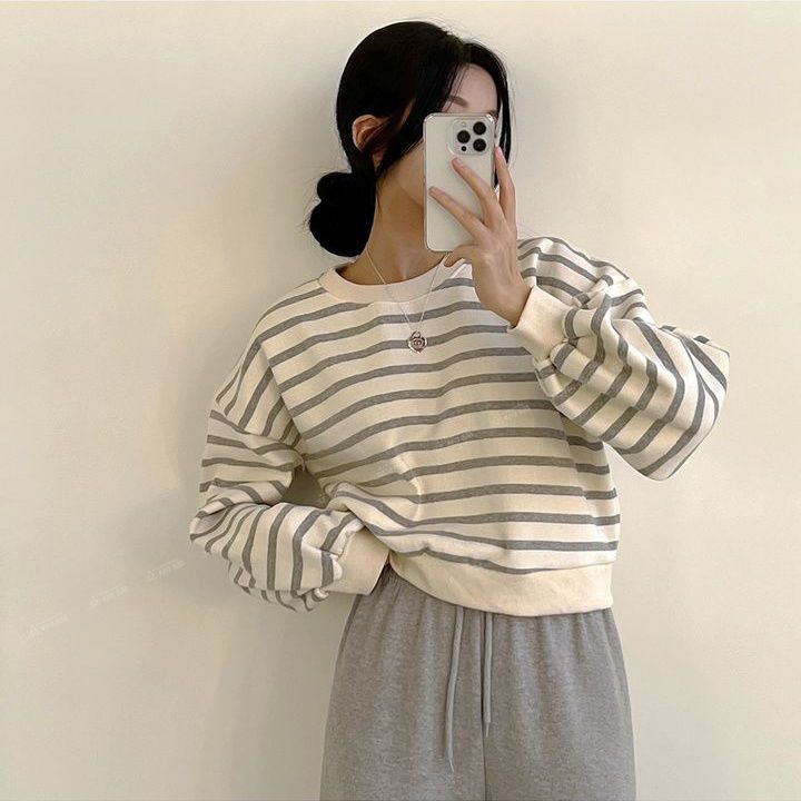 Striped Sweater Women’s 2022 New Velvet Loose Harajuku Style Casual Cotton Clothes alx