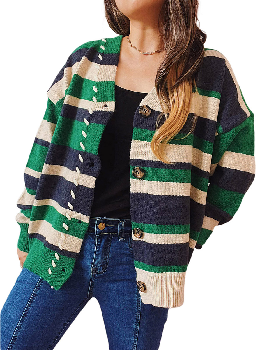 Women’s Spring Autumn Casual Knitted Cardigan Long Sleeve V Neck Button Striped Sweater alx