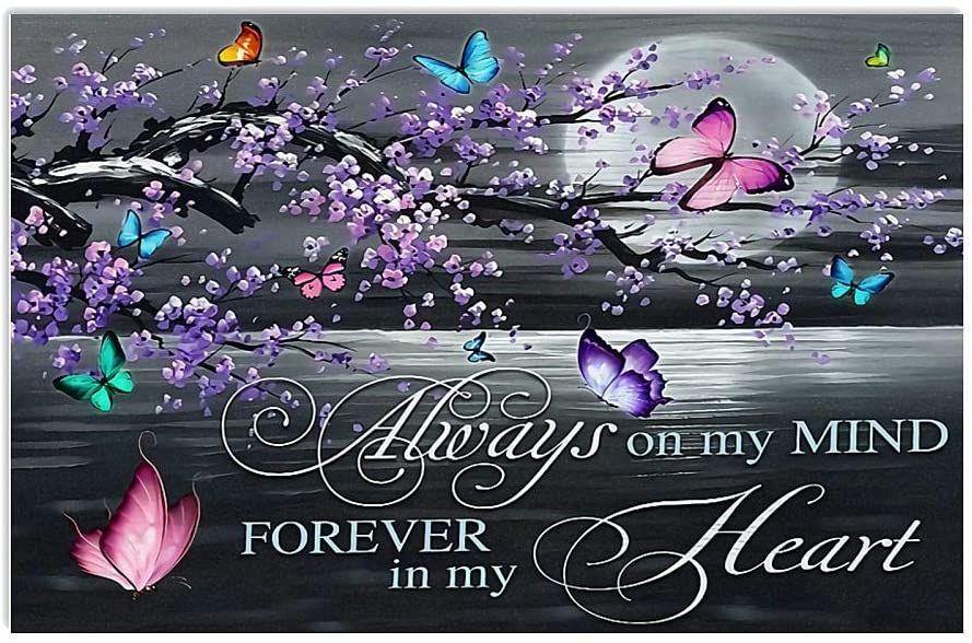 Always On My Mind Forever In Heart Love Quote Butterfly Cherry Blossom Moon Night – Best Idea Gift For Dog Lover, Gift For Home Decor, Gift For Family – Horizontal Canvas Matte Canvas Wall Art