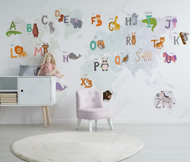 3D Cartoon Colored Alphabet Animal Map Wall Mural Wallpaper Lqh 203