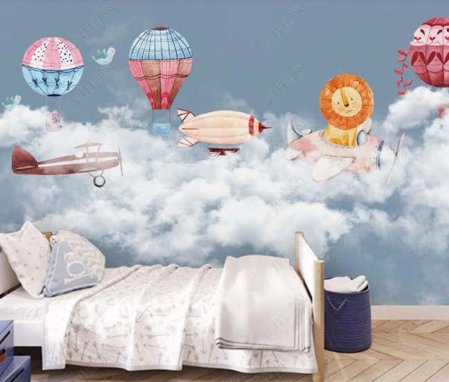 3D Hand Drawn Sky Cloud Airplane Hot Air Balloon Animal Lion Bird Wall Mural Wallpaper Lll 2815