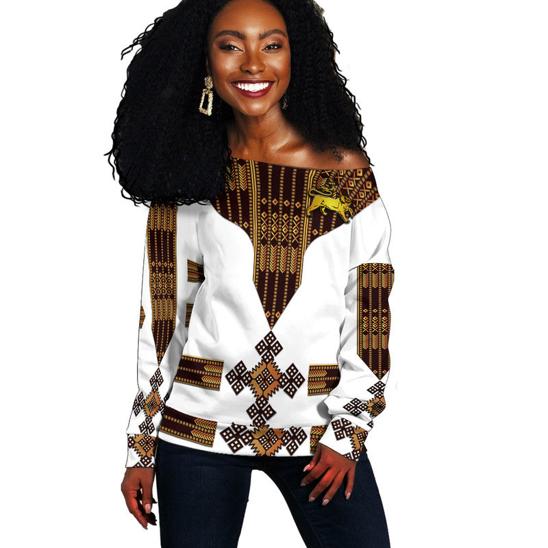 (Custom Personalised) Ethiopia Women Off Shoulder Sweater Ethiopian Lion Of Judah Tibeb Vibes – White Lt8