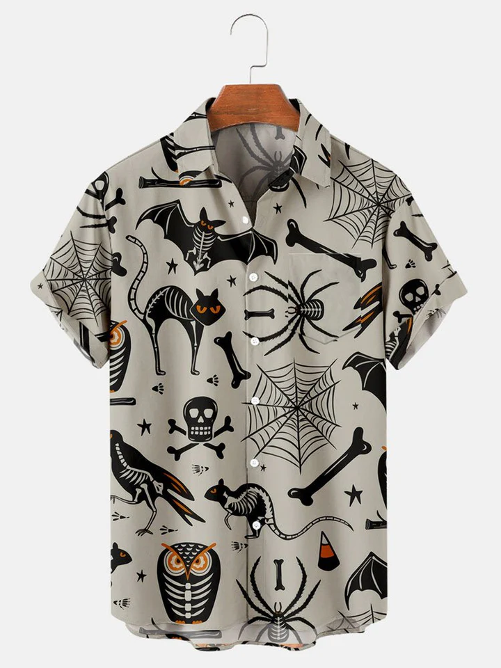 Men’S Happy Halloween Graphic Print Short Sleeve Hawaiian Shirt, Halloween Shirt, Halloween Gifts