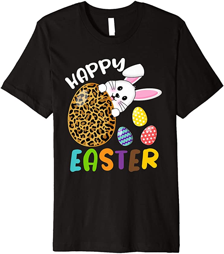 Cute Bunny Face Easter Egg Leopard Print Funny Happy Easter Premium T-Shirt