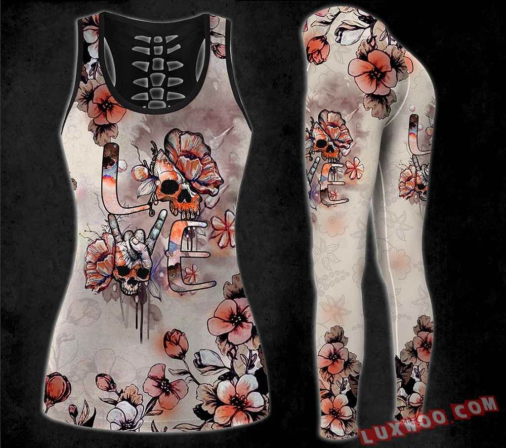 Combo Harley Davidson Love Skull Flower Hollow Tanktop Legging Set Outfit K1539