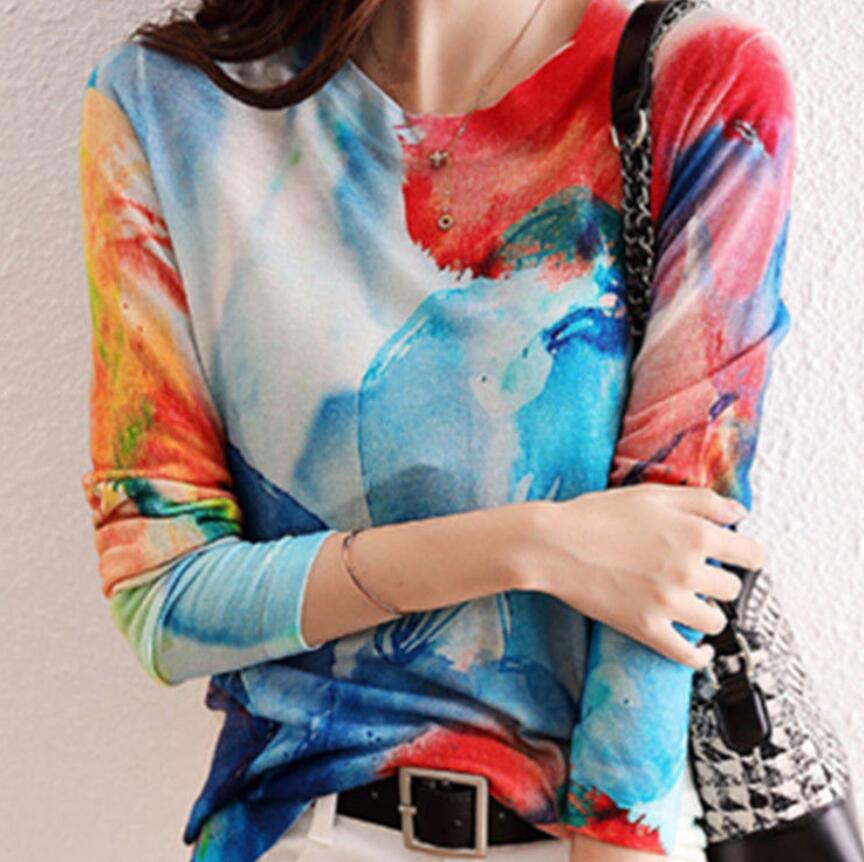 Spring Fall Vintage Blue and White Porcelain Print T Shirt Women Fashion Tops O Neck Long Sleeve Slim Knitting T Shirts Camisas alx