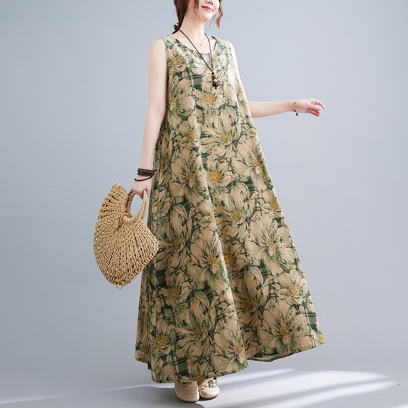 2022 New Print Floral Holiday Outdoor Travel Style Fashion Women Summer Tank Dress Cotton Linen Plus Size M-5XL Long Maxi Dress alx
